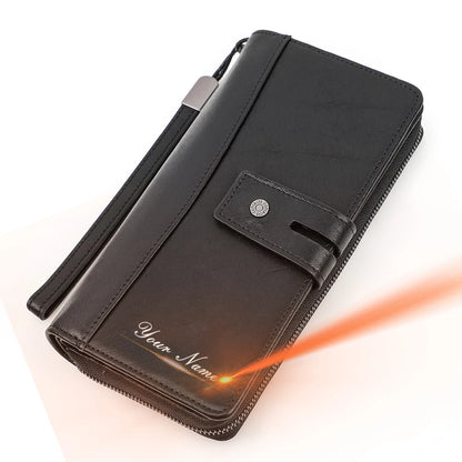 Men Clutch Wallets Casual Genuine Leather Long Wallet Zipper Coin Purse With Card Holder Large Capacity For Cell phones Engraved