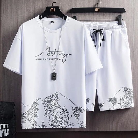 Summer New Fashion Trend Printed Short Sleeve Shorts Set Men's Casual Loose Sports Breathable High Quality Two-Piece Set M-5XL