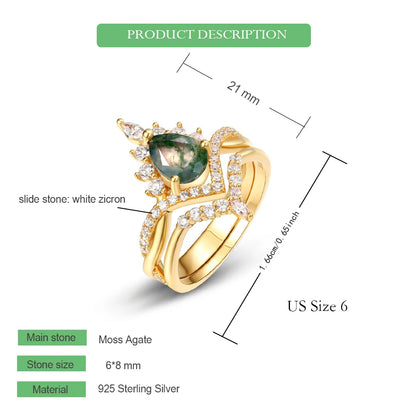 WES 925 Sterling Silver Grown Natural 6*8mm Moss Agate Gold Ring Set for Woman Luxury Engagement Gift Bridal Set Wholesale