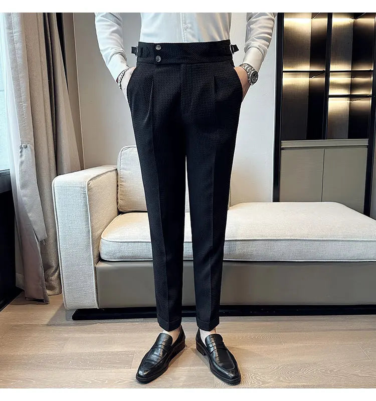 Top Brand Men Fashion Pantalones Hombre High Waist Waffle Business Casual Suit Pants Male Clothing Slim Fit Formal Wear Trousers