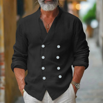 Mens Double Breasted Stand Up Solid Color Long Sleeved Shirt Male Pocket Regular-Fit Button-Down Work Man Shirt Camisa Masculina