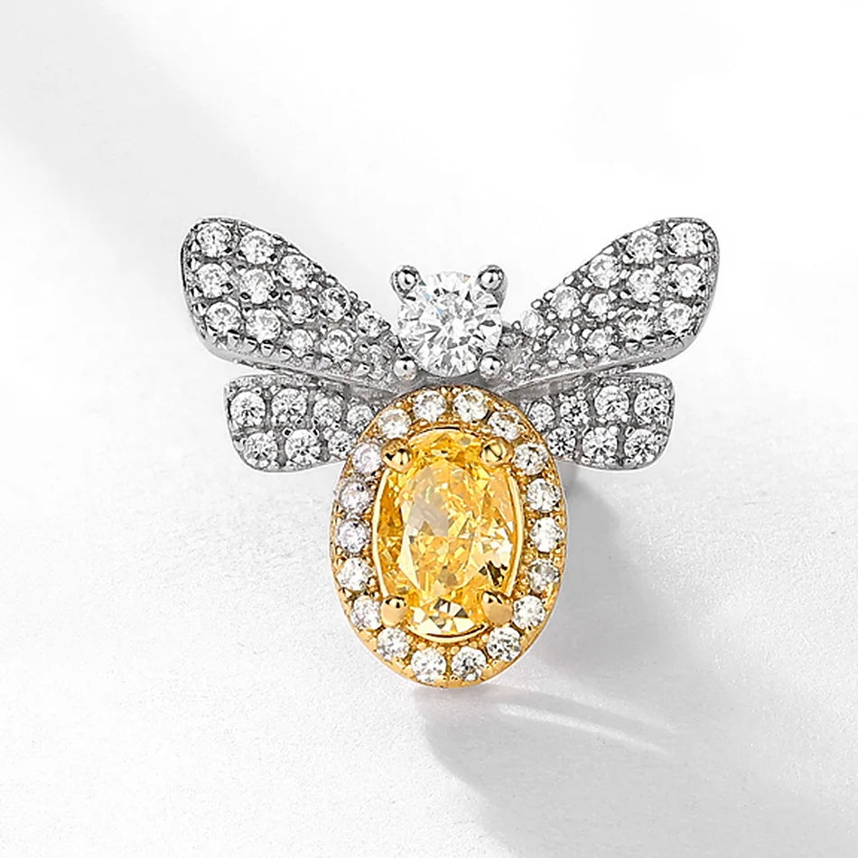 ALLNOEL 925 Sterling Silver Stud Earrings For Women Oval 4*6mm Yellow High Carbon Diamond Bee Jewelry Wedding Gift Wholesale