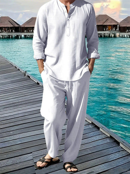 Men's Shirt Pants Suit Summer Breathable Beach Hawaiian Vacation Casual Long Sleeves Set Solid Color Loose Jogging Trousers