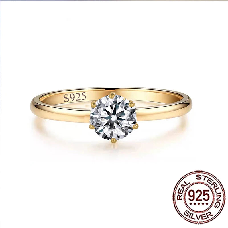 CWWZircons 925 Sterling Silver 1CT Round Cubic Zircon Gold Plated Rings for Women Wedding Band Engagement Party Jewelry SR053