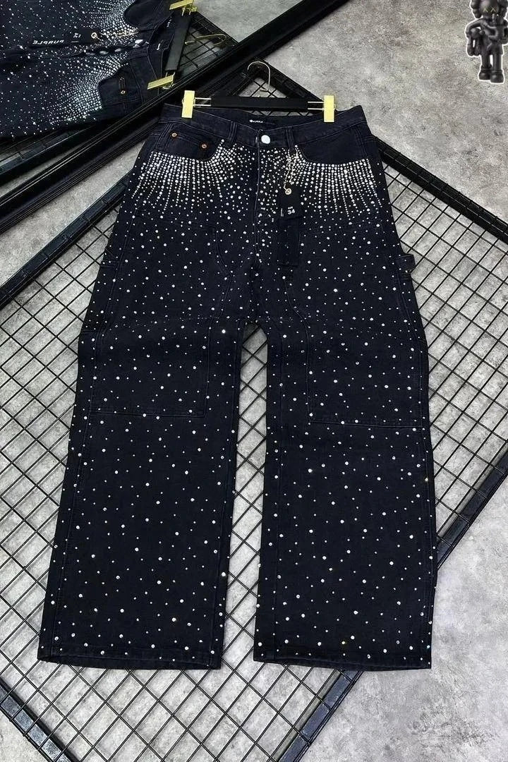 Vintage Full Diamond Sequined Shiny Jeans Y2K Clothes Mens Womens Harajuku Hip Hop Retro Baggy Jeans Low Waist Wide Leg Trousers
