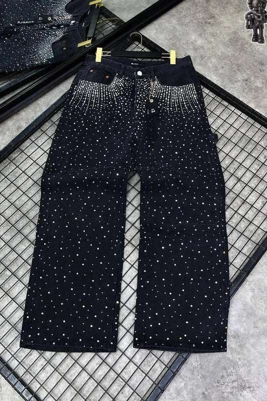 Vintage Full Diamond Sequined Shiny Jeans Y2K Clothes Mens Womens Harajuku Hip Hop Retro Baggy Jeans Low Waist Wide Leg Trousers
