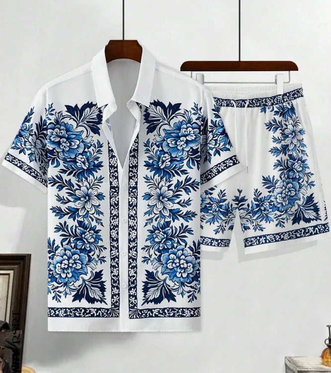 Hawaiian Shirt Set Men 3D Printed Blue White Porcelain Pattern Summer Fashion Casual Daily Oversized Shirt+shorts 2 Piece Set