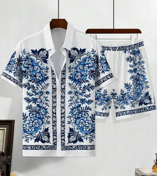 Hawaiian Shirt Set Men 3D Printed Blue White Porcelain Pattern Summer Fashion Casual Daily Oversized Shirt+shorts 2 Piece Set