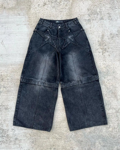 Men Straight Jean Denim Pants Jeans Ankle Length Pant Pockets Washed High Street Loose Spliced Distressed Zipper Fly Vintage