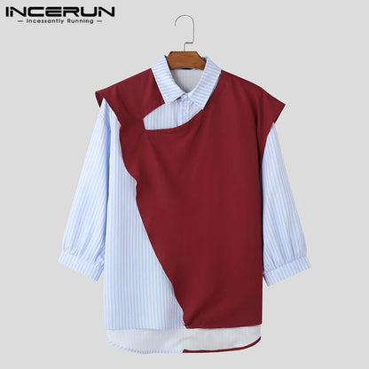 Summer Spring Men Shirts Fashion Patchwork INCERUN Striped Shirt Men's Clothing Streetwear Lapel Tops Oversize S-5XL