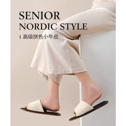 New Genuine Leather Slippers Men Square Open Toe Slides Shoes Home Mute Slippers Man Luxury Top Quality Guest Slipper Cowhide