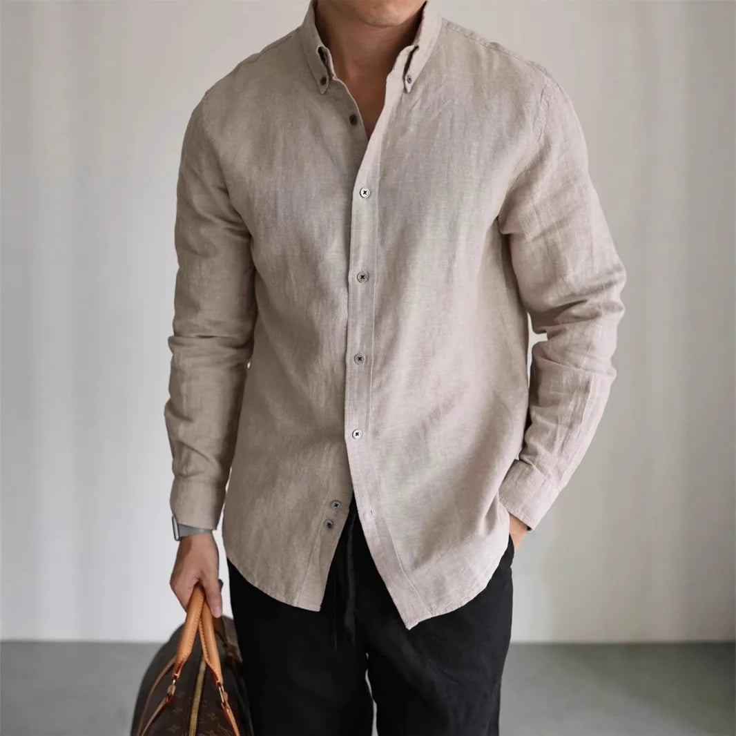 Mens American Cotton Linen Work Shirt Slim Fit Breathable Long Sleeve Business Casual Shirt Linen Sun Protection Shirt