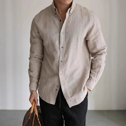 Mens American Cotton Linen Work Shirt Slim Fit Breathable Long Sleeve Business Casual Shirt Linen Sun Protection Shirt