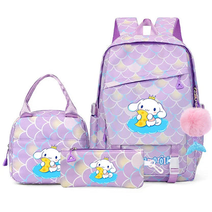 3Pcs Cinnamoroll Fish Scale Kid Backpack With Mermaid Pendant Lunch Girl School Bag Children Schoolbag For Teenage Girls