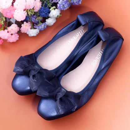 2024 Summer Genuine Leather Bowknot Ballerina Women's Flat Round Toe Comfort Slip-On Ladies Loafers Leather Single Mules Shoes