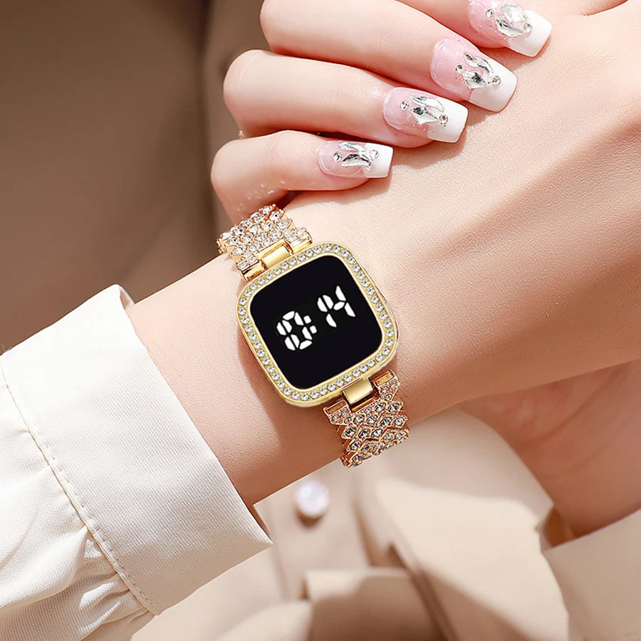 2PCS Watch Set Fashion Alloy Women's Shiny Square Rhinestones LED Digital Touch Watch 27576569047