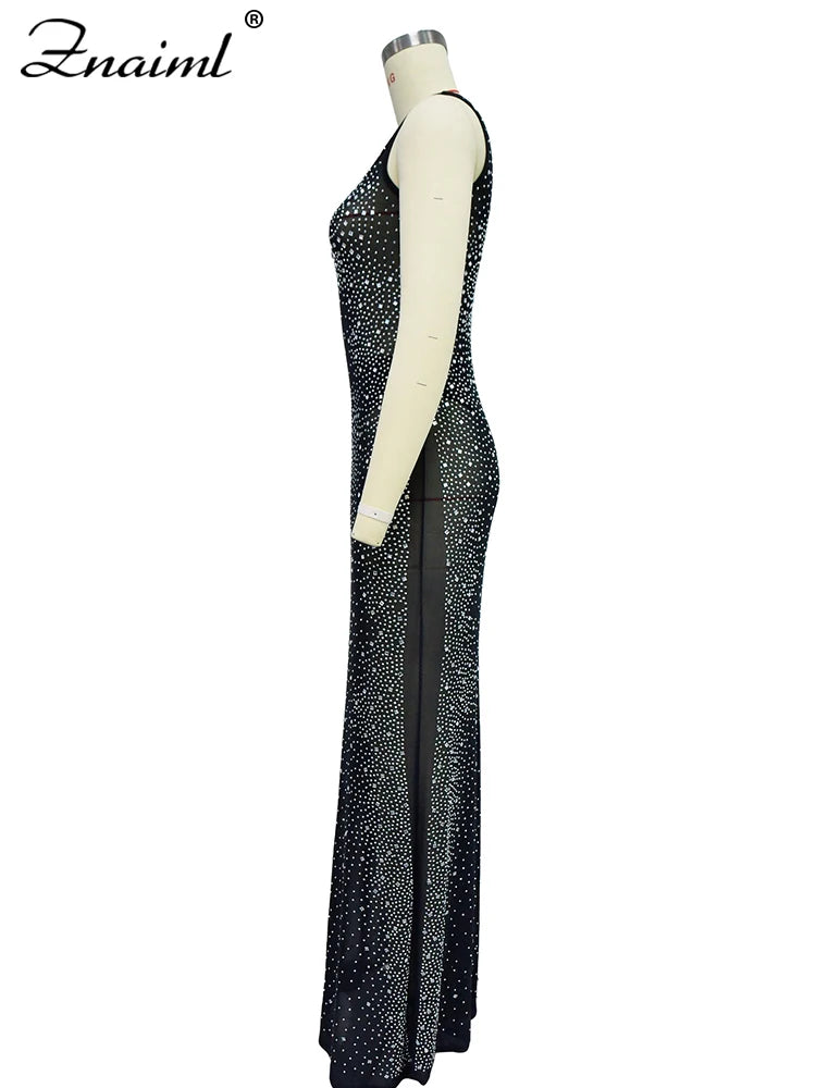 Znaiml Luxury Sparkly Crystal Rhinestone Christmas Evening Bodycon Long Dress Women's Mesh See Through Birthday Night Vestidos