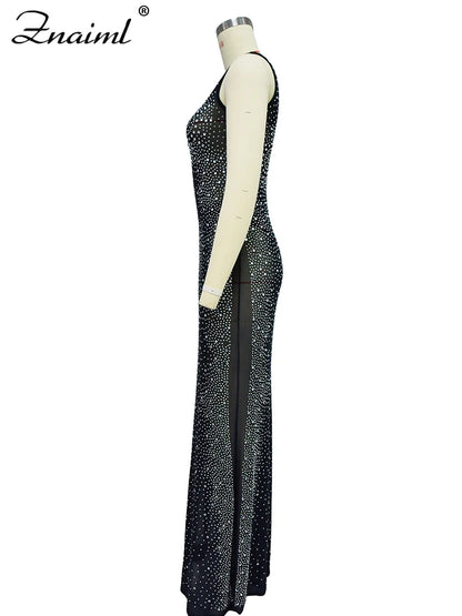 Znaiml Luxury Sparkly Crystal Rhinestone Christmas Evening Bodycon Long Dress Women's Mesh See Through Birthday Night Vestidos