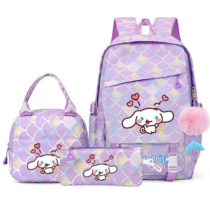 3Pcs Cinnamoroll Fish Scale Kid Backpack With Mermaid Pendant Lunch Girl School Bag Children Schoolbag For Teenage Girls