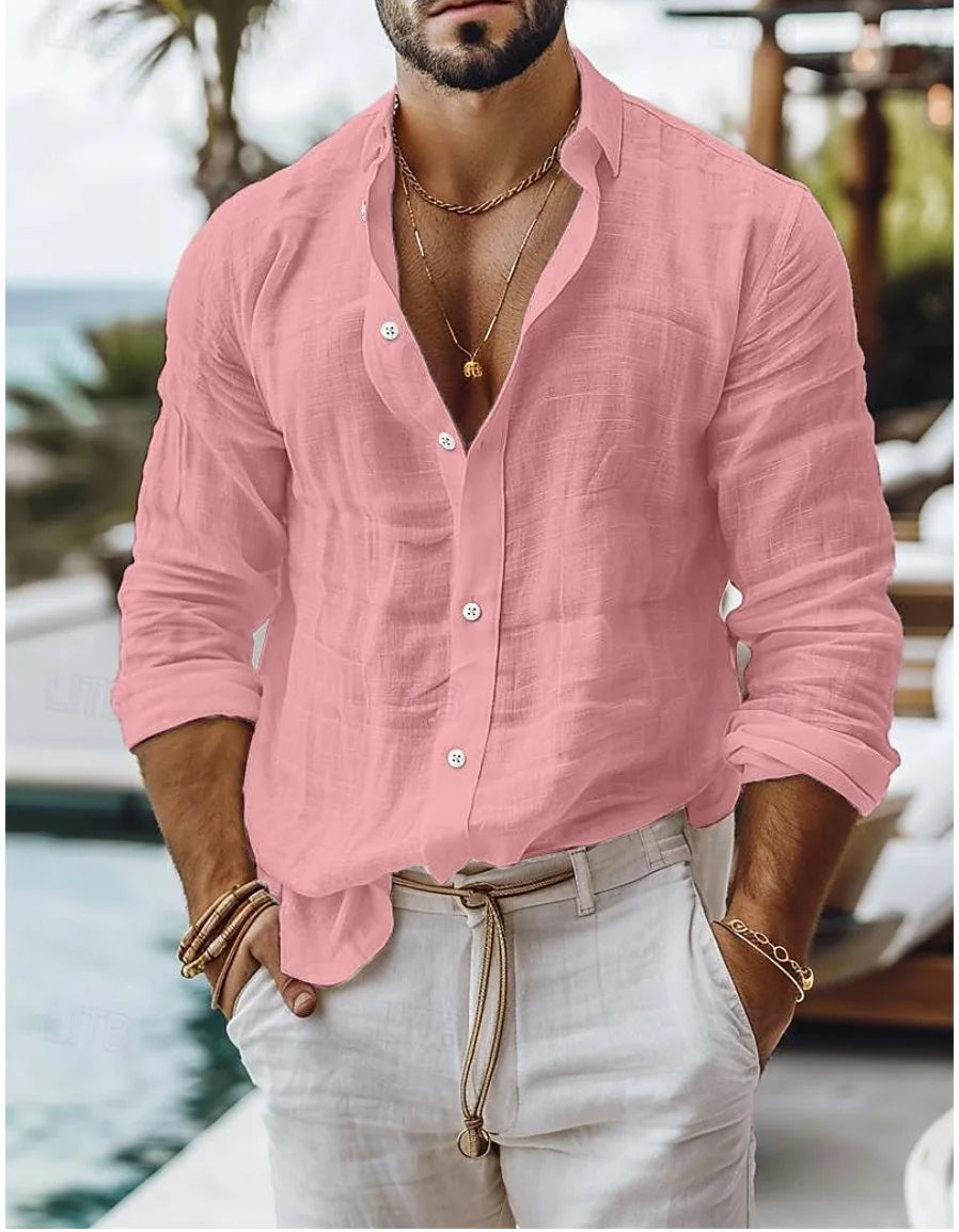 Men Solid Color Cotton Linen Shirt Casual Style Long-sleeved Business Casual Shirt Cross-border Independent Station