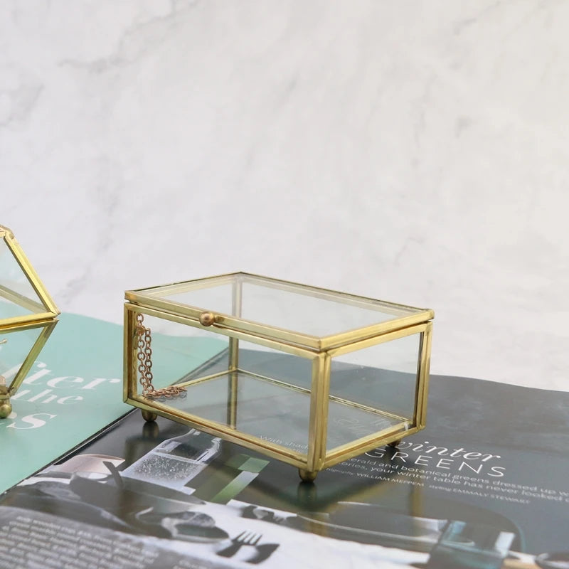 Retro Rectangle Transparent Golden Glass Ring Box Wedding Geometric Jewelry Organizer Home Decorative Box for Storage Trinket