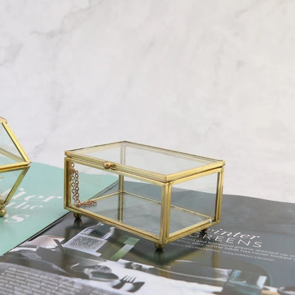 Retro Rectangle Transparent Golden Glass Ring Box Wedding Geometric Jewelry Organizer Home Decorative Box for Storage Trinket