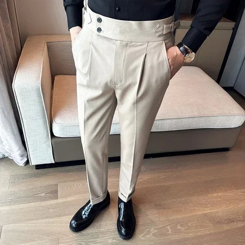 Autumn Winter High Waist Business Dress Pants Men Casual Belt Design Slim Suit Pants Formal Wedding Social Party Male Trousers