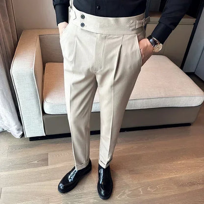 Autumn Winter High Waist Business Dress Pants Men Casual Belt Design Slim Suit Pants Formal Wedding Social Party Male Trousers