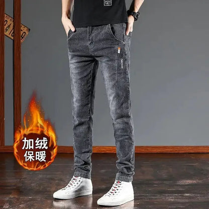 Fashion Men's Jeans Fashion Casual Slim Autumn Winter Fleece Kpop Denim Pants Plus Velvet Korean Luxury Clothing Classic Jeans