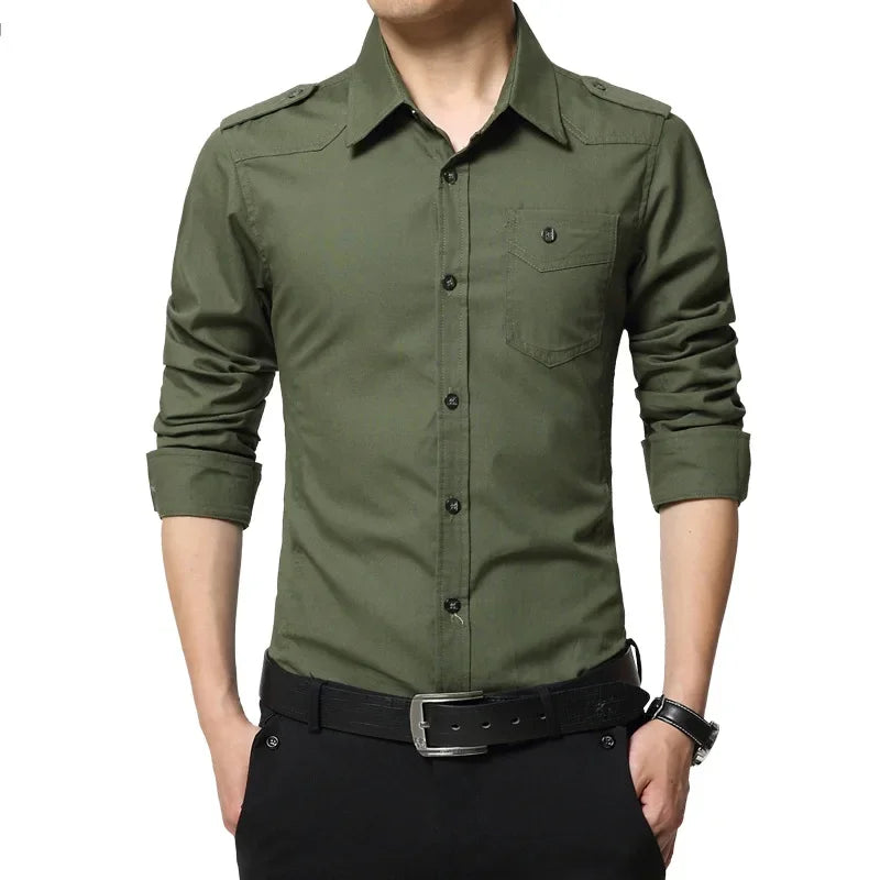 2025 Men's Epaulette Shirt Fashion Full Sleeve Epaulet Shirt Military Style 100% Cotton Army Green Shirts with Epaulets