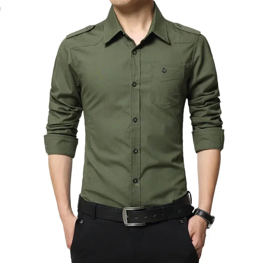2025 Men's Epaulette Shirt Fashion Full Sleeve Epaulet Shirt Military Style 100% Cotton Army Green Shirts with Epaulets