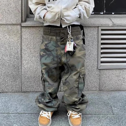 Three Waisted Camouflage Cargo Pants for Men Streetwear Patchwork Baggy Jeans Wide Leg Casual Loose Denim Trousers Oversized