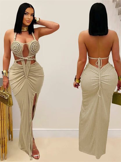 kliou Sexy Knitted Women Maxi Dress Hipster Coquette Halter Lace Up Backless Split Sheath Vestidos Mujer Nightout Party Frock