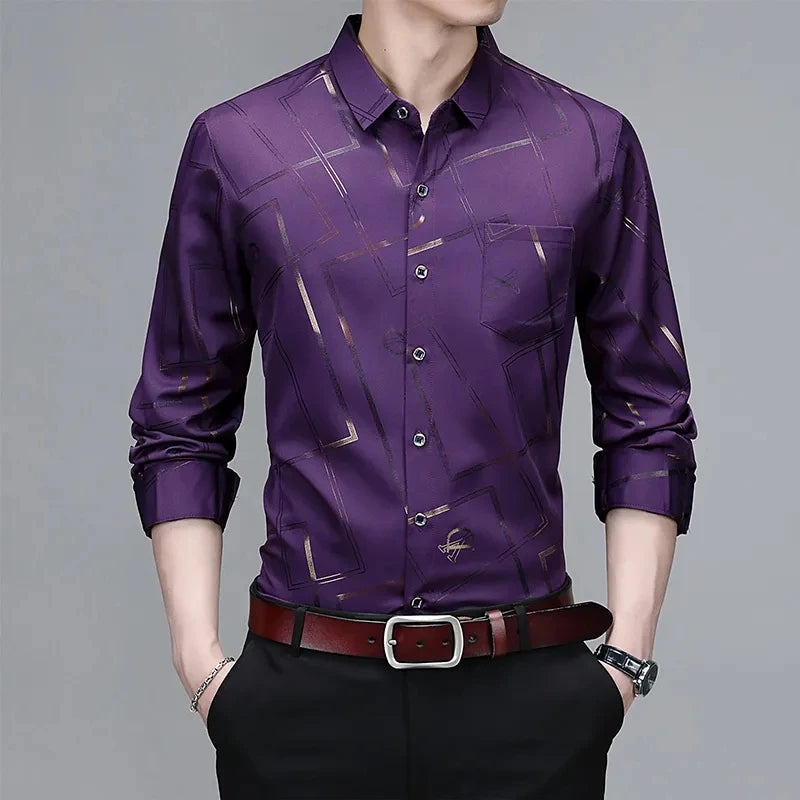Men's Casual and Fashionable Long Sleeved Printed Shirt Non Ironing and Wrinkle Resistant Business Top