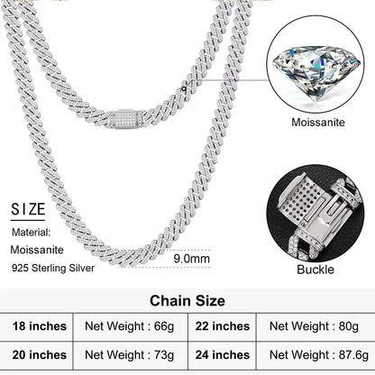 9mm Iced Out Miami Cuban Link Chain Men Jewelry D Color VVS Moissanite Certified Jewelry 925 Sterling Silver Necklace For Women