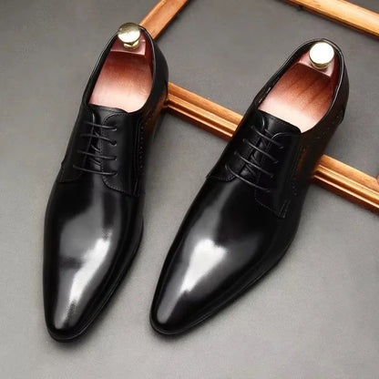 Leather shoes for men, lace up shoes for men, pointy, leather, high-end wedding, dress, Oxford, Lefu shoes, large, British style