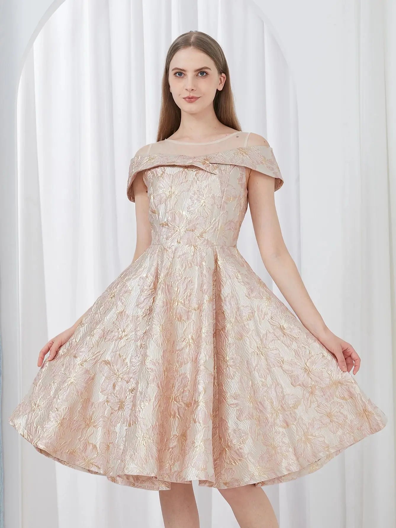 DEVCHATA Luxury New Short Evening Dress Women Jacquard Patchwork Embroidery Party Dress Elegant A Line Floral Ball Gown Vestido