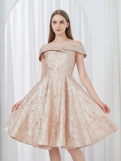 DEVCHATA Luxury New Short Evening Dress Women Jacquard Patchwork Embroidery Party Dress Elegant A Line Floral Ball Gown Vestido