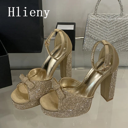 Hlieny Fashion Bowknot Crystal Open Toe Platform Sandals Women Summer Chunky Buckle Strap Square High Heels Party Dress Shoes