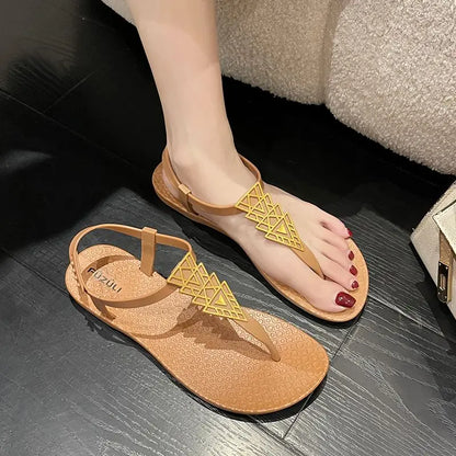 Roman Style Flat Rubber No Heel Pink Sandals for Women Beach Footwear Summer 2024 Open Toe Ladies Shoes Comfort Asian Size F H