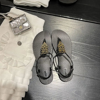 Roman Style Flat Rubber No Heel Pink Sandals for Women Beach Footwear Summer 2024 Open Toe Ladies Shoes Comfort Asian Size F H