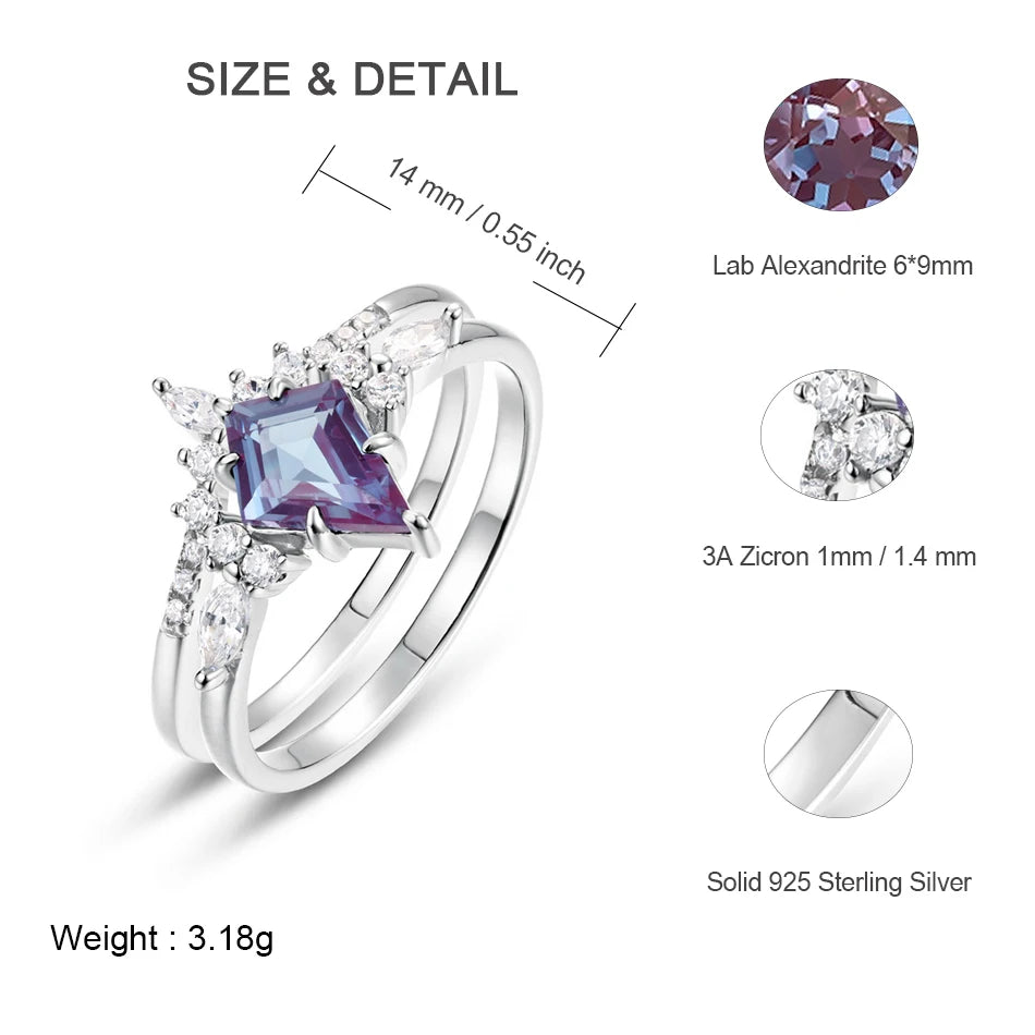 ALLNOEL Kite Cut 0.91ct Alexandrite 925 Silver Ring For Women Wedding Bridal Set Jewelry June Birthstone Birthday Gift Wholesale