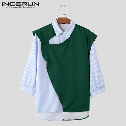 Summer Spring Men Shirts Fashion Patchwork INCERUN Striped Shirt Men's Clothing Streetwear Lapel Tops Oversize S-5XL