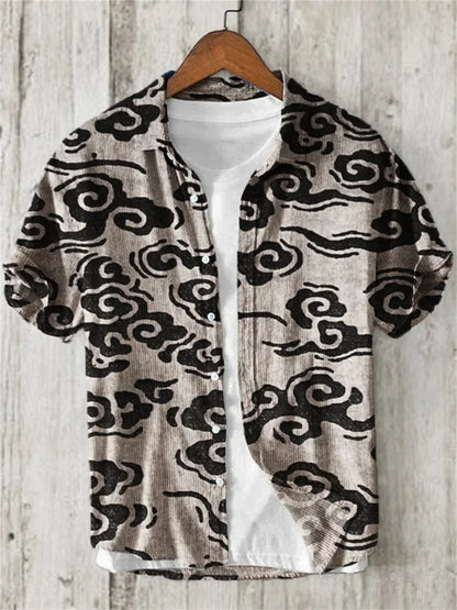 Hawaiian Shirt with Bamboo Joint, Plum Blossom, Sunrise Print, Japanese Art Linen, Leisure Holiday,  Cardigan, Flip Collar, New