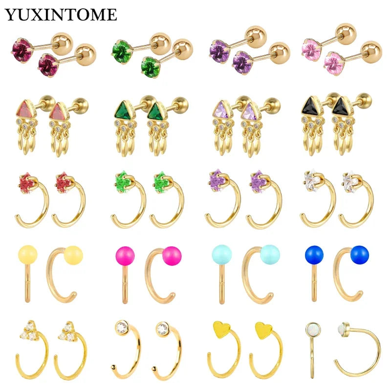 YUXINTOME Small 925 Sterling Silver Ear Needle C-Shaped Cartilage Piercing Stud Earrings For Women cartilage perforation Jewelry