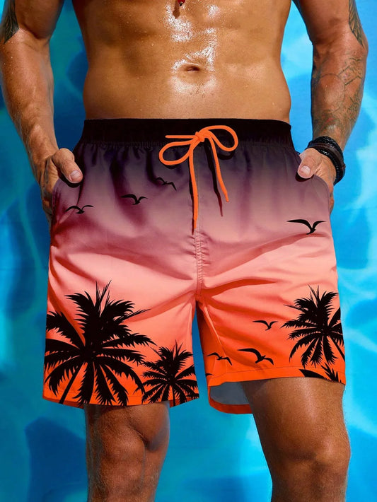 Summer Vacation Men's Palm Tree 3D Print Drawstring Waist Board Shorts Fashion Swim Trunks Print Breathable Short Streetwear