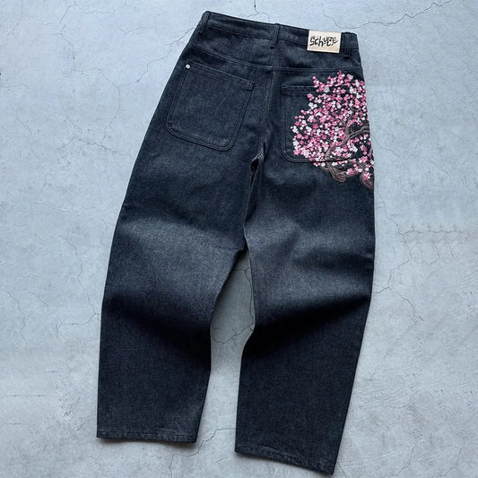 Y2K jeans Harajuku Gothic vintage plum blossom embroidery pattern wide leg pants Streetwear Casual Hiphop vintage American jeans