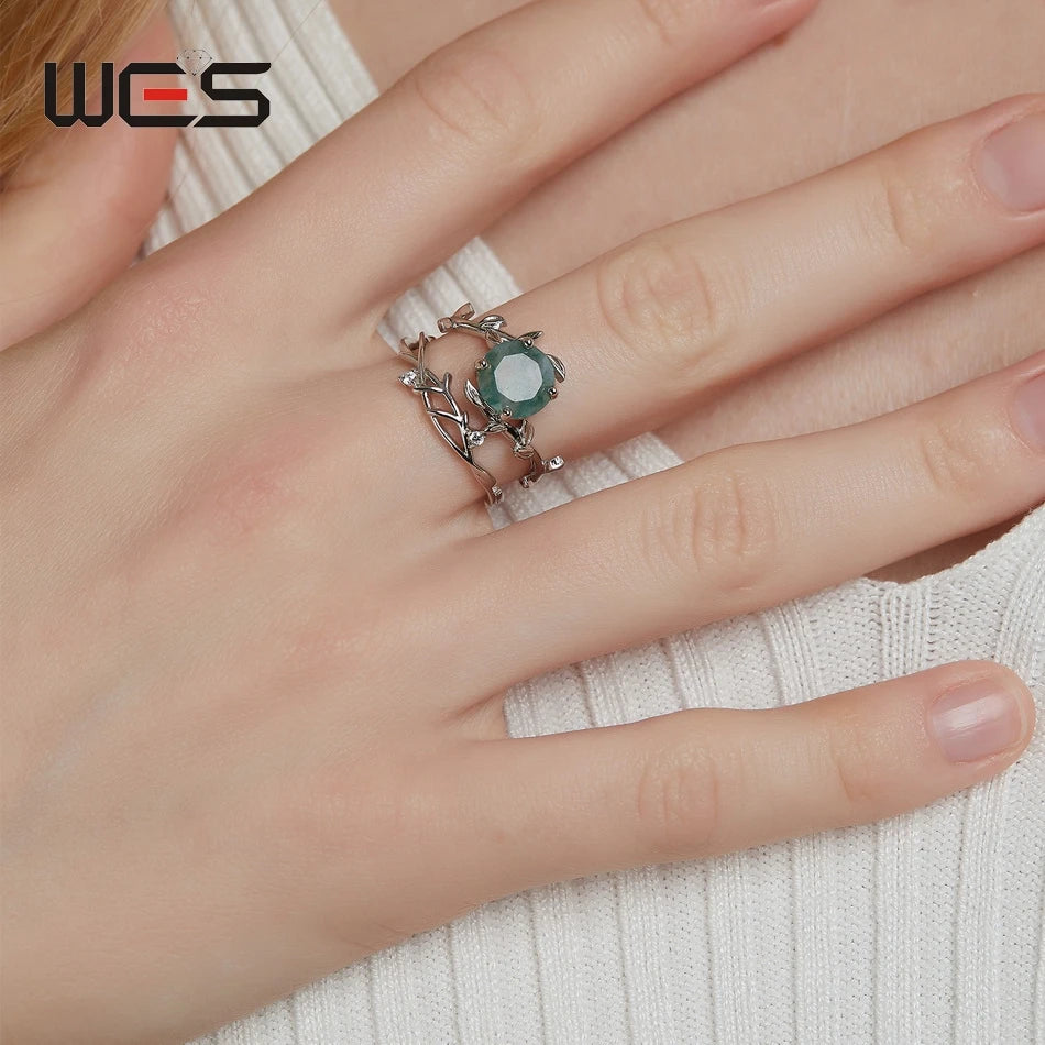 WES 925 Silver Unique Olive Branch Natural Gem 8*8mm Moss Agate Adjustable Ring Sets For Women Wedding Gifts Wholesale Jewelry