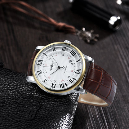 WINNER Automatic Watches Men Brand Luxury Simple Mechanical White Dial Leather Strap Calendar Clock Minimalist Wristwatches