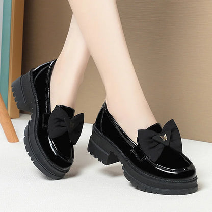 Spring Women British Style Shallow Patent Leather Black Loafers Thick Bottom Bow Platform Shoes 2024 Med Heels Single Pumps